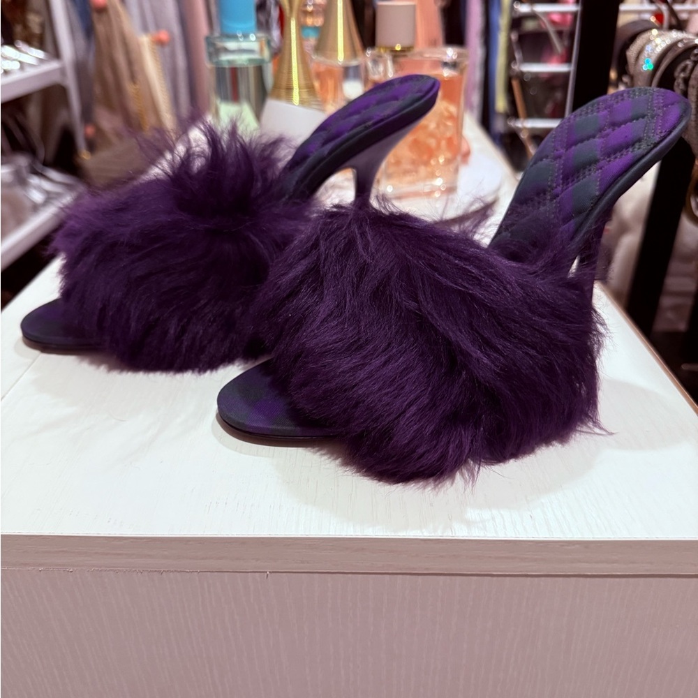 Burberry Purple Fur Slide Heels